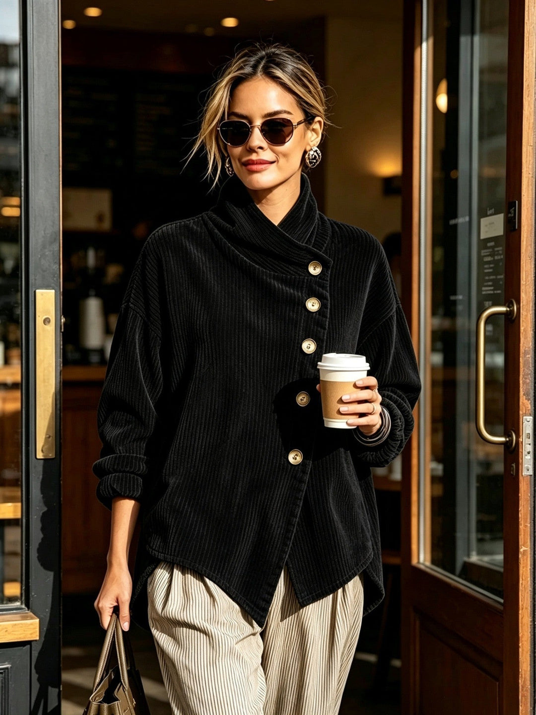 Pull femme en velours côtelé à col montant et boutonnage asymétrique – Capucine - Noir