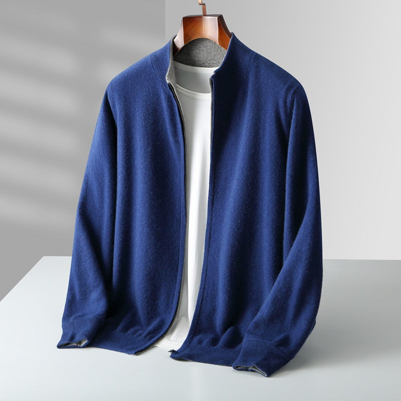 Cardigan zippé homme en maille fine à col côtelé – Théo – Bleu