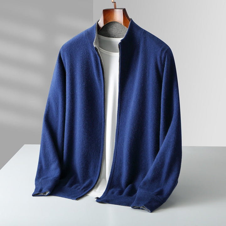 Cardigan zippé homme en maille fine à col côtelé – Théo – Bleu