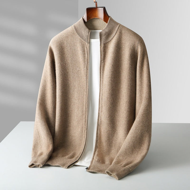 Cardigan zippé homme en maille fine à col côtelé – Théo – Beige