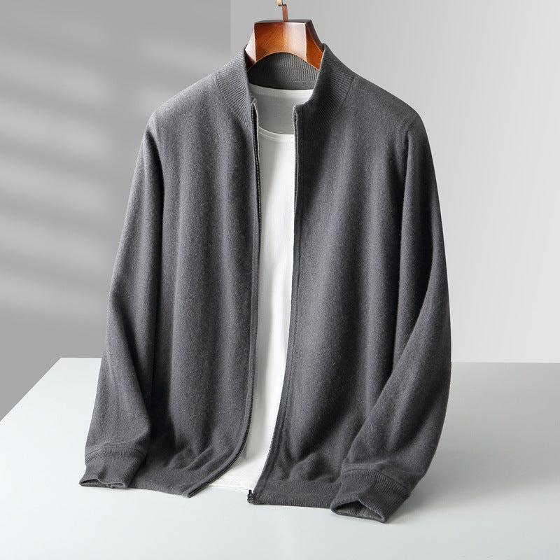 Cardigan zippé homme en maille fine à col côtelé – Théo – Gris