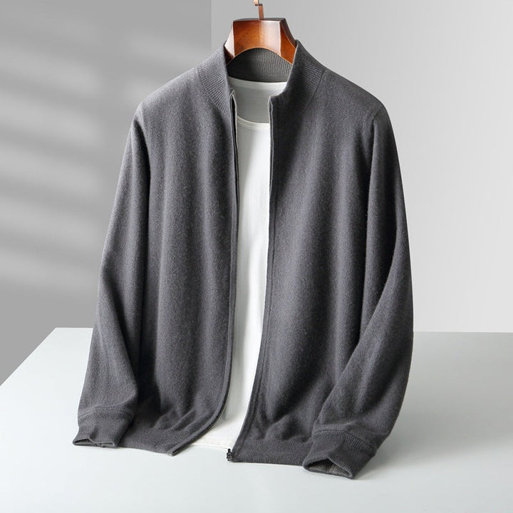 Cardigan zippé homme en maille fine à col côtelé – Théo – Gris