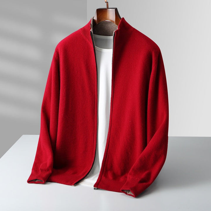 Cardigan zippé homme en maille fine à col côtelé – Théo – Rouge