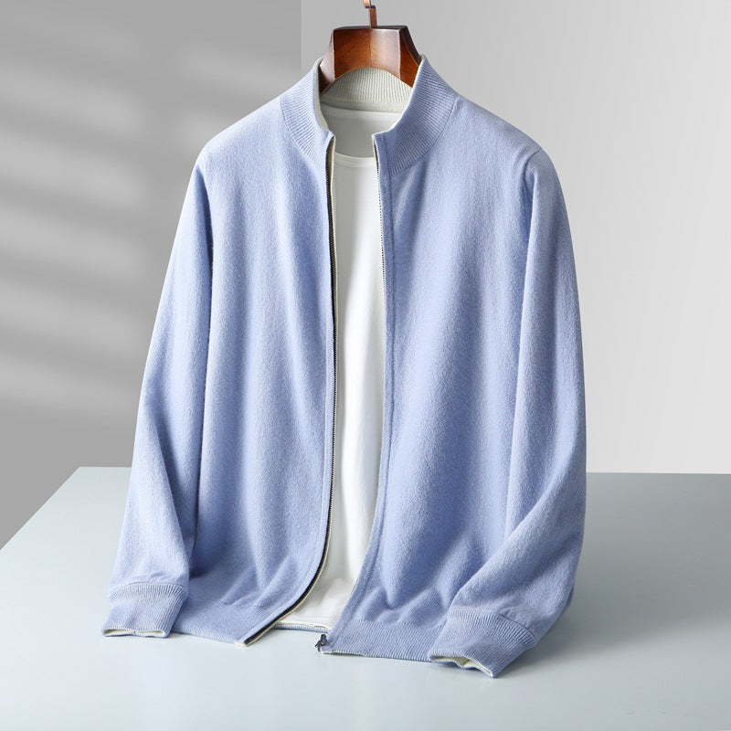 Cardigan zippé homme en maille fine à col côtelé – Théo – Bleu ciel