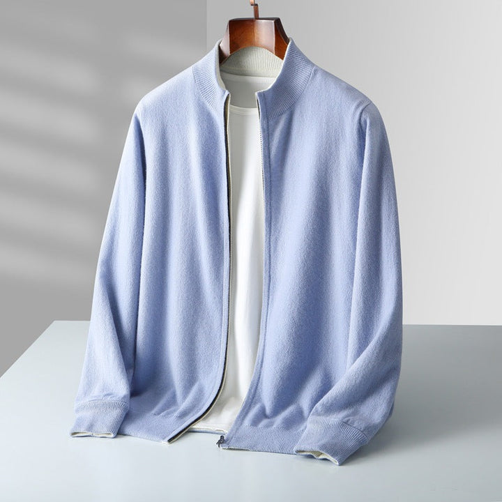Cardigan zippé homme en maille fine à col côtelé – Théo – Bleu ciel