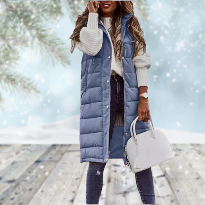 Gilet long sans manches femme coupe cintrée – Longline – Bleu