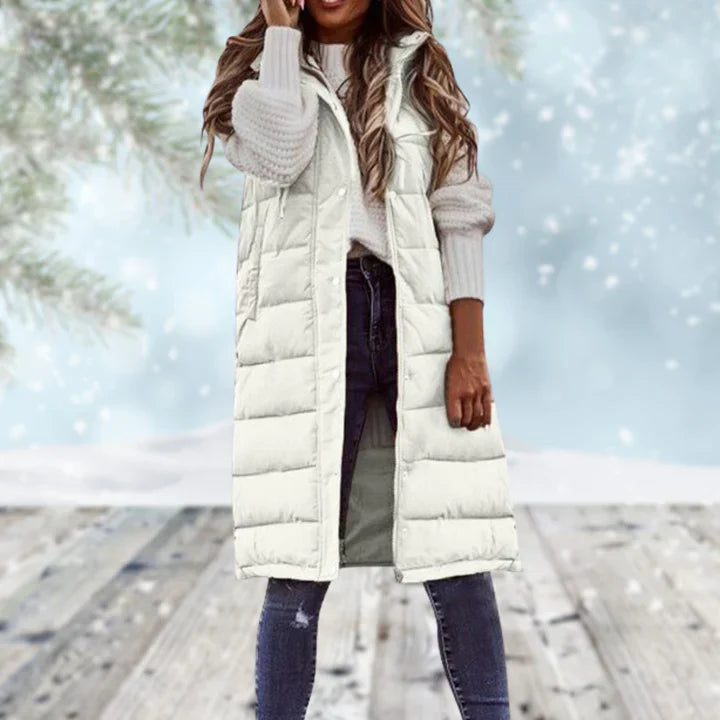 Gilet long sans manches femme coupe cintrée – Longline – Blanc