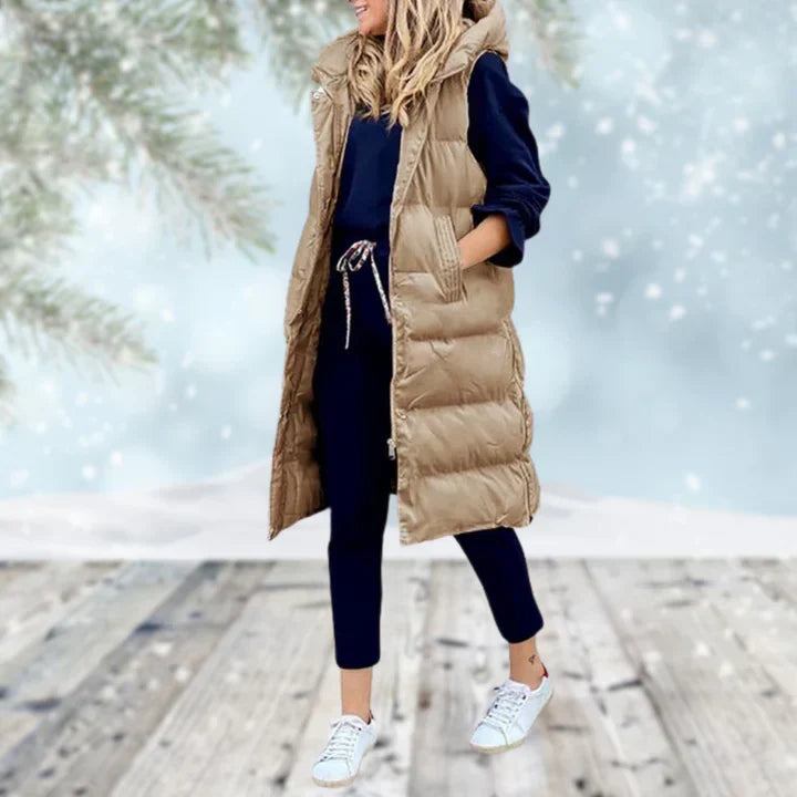 Gilet long sans manches femme coupe cintrée – Longline – Kaki