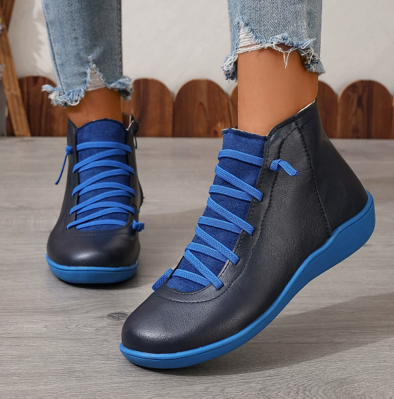 Bottines confort femme à laçage croisé et fermeture éclair – Solène - Bleu