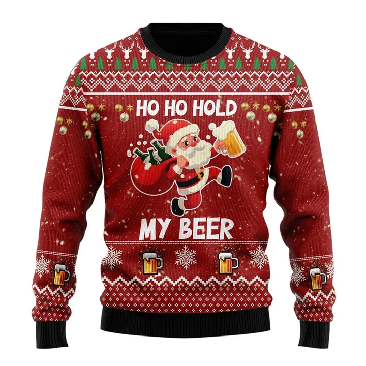 Pull de Noël homme humoristique à motif bière – Karl – Rouge / motif Père Noël