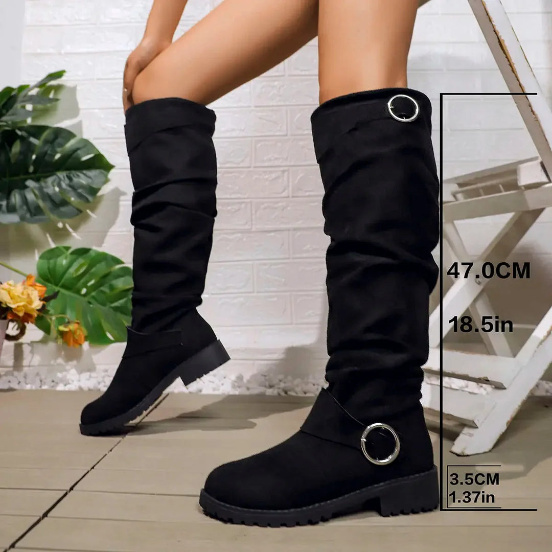 Bottes hautes plates femme souples à boucles réglables – Manon – Noir