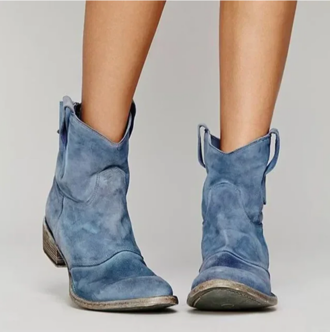 Bottes western femme en daim à talon bas – Roselle – Bleu