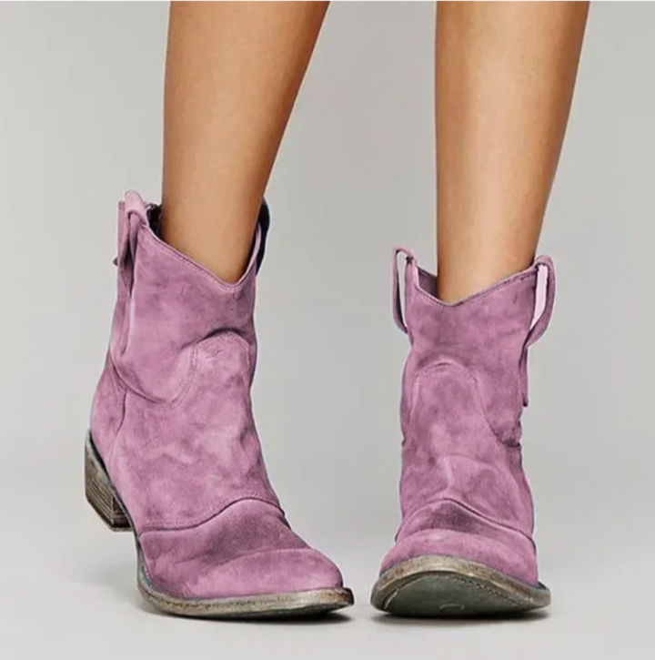 Bottes western femme en daim à talon bas – Roselle – Rose