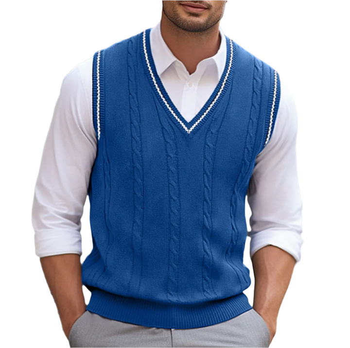 Pull sans manches homme col V en maille – Michael – Bleu