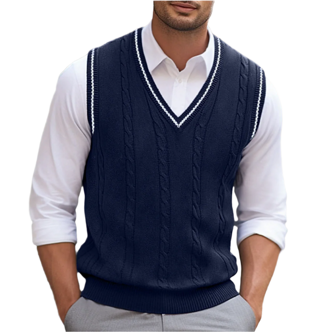 Pull sans manches homme col V en maille – Michael – Bleu foncé