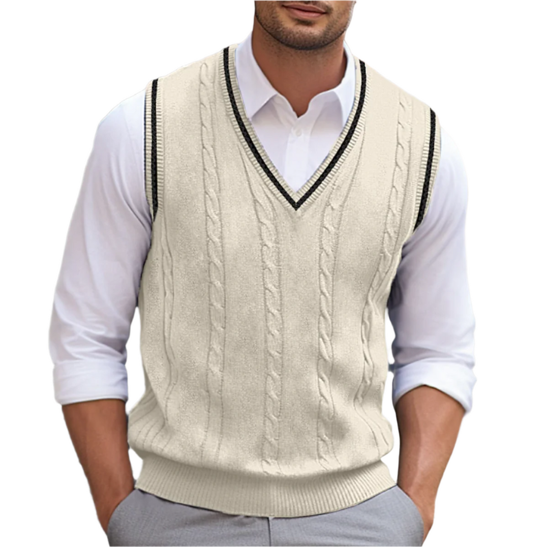 Pull sans manches homme col V en maille – Michael – Beige