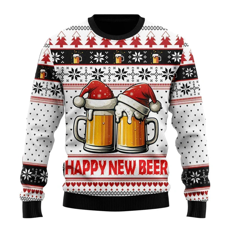 Pull de Noël homme humoristique à motif bière – Karl – Blanc