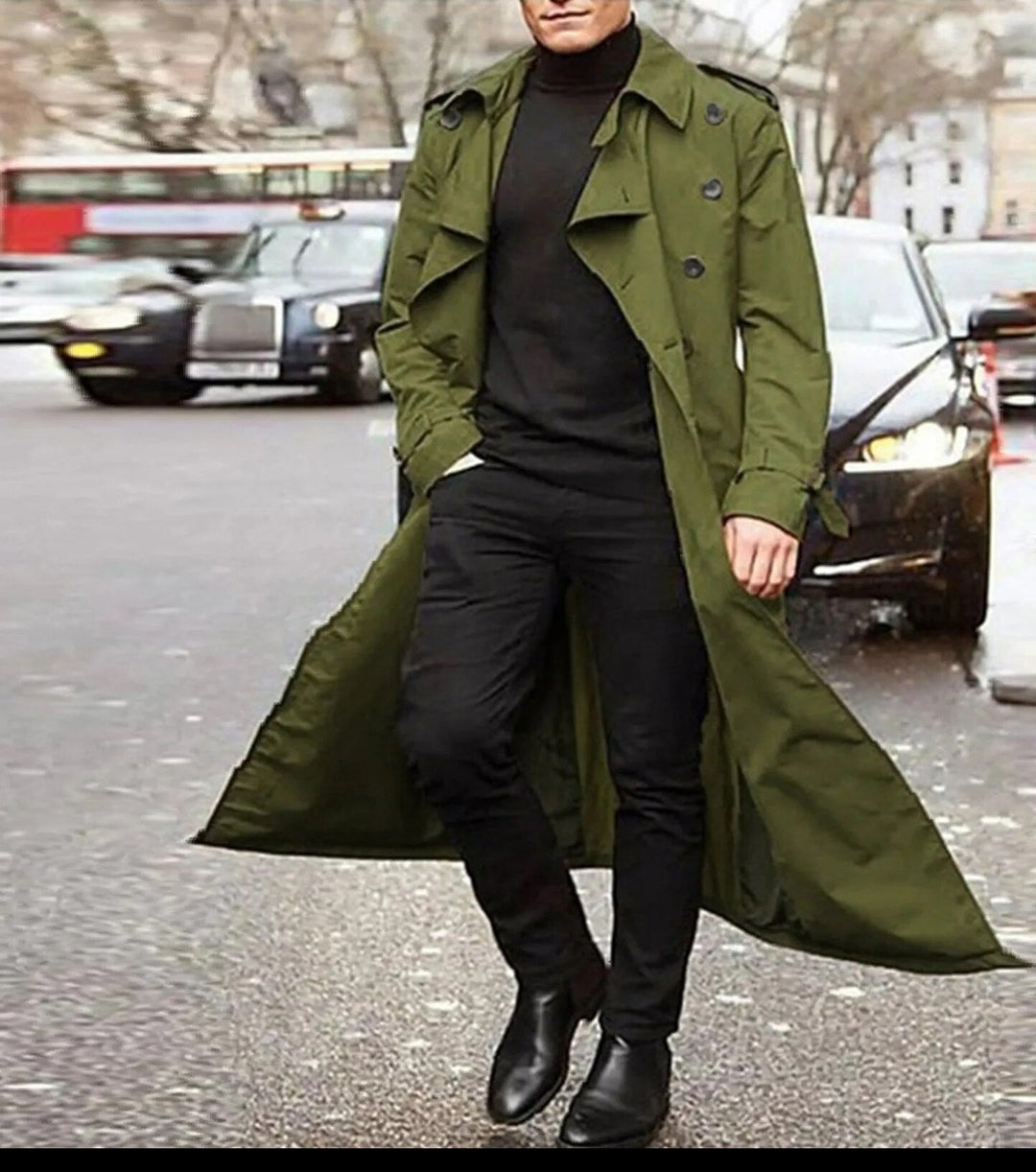Trench long homme croisé à col revers et pattes d'épaule – Bastien - Vert