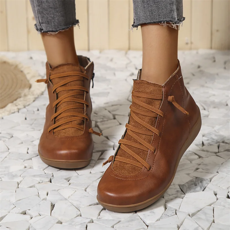 Bottines confort femme à laçage croisé et fermeture éclair – Solène - Marron