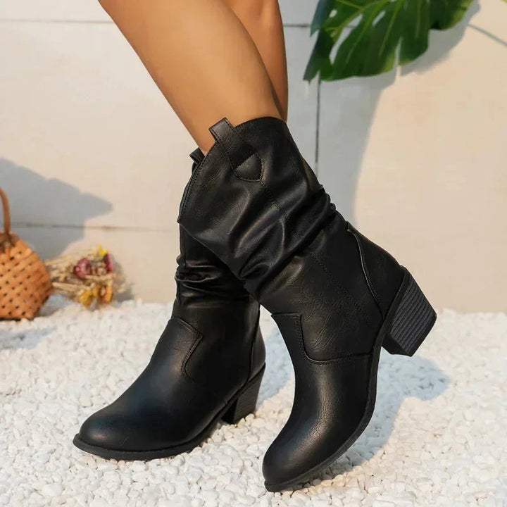 Bottes western femme mi-mollet classiques à talon bloc – Margaux – Noir