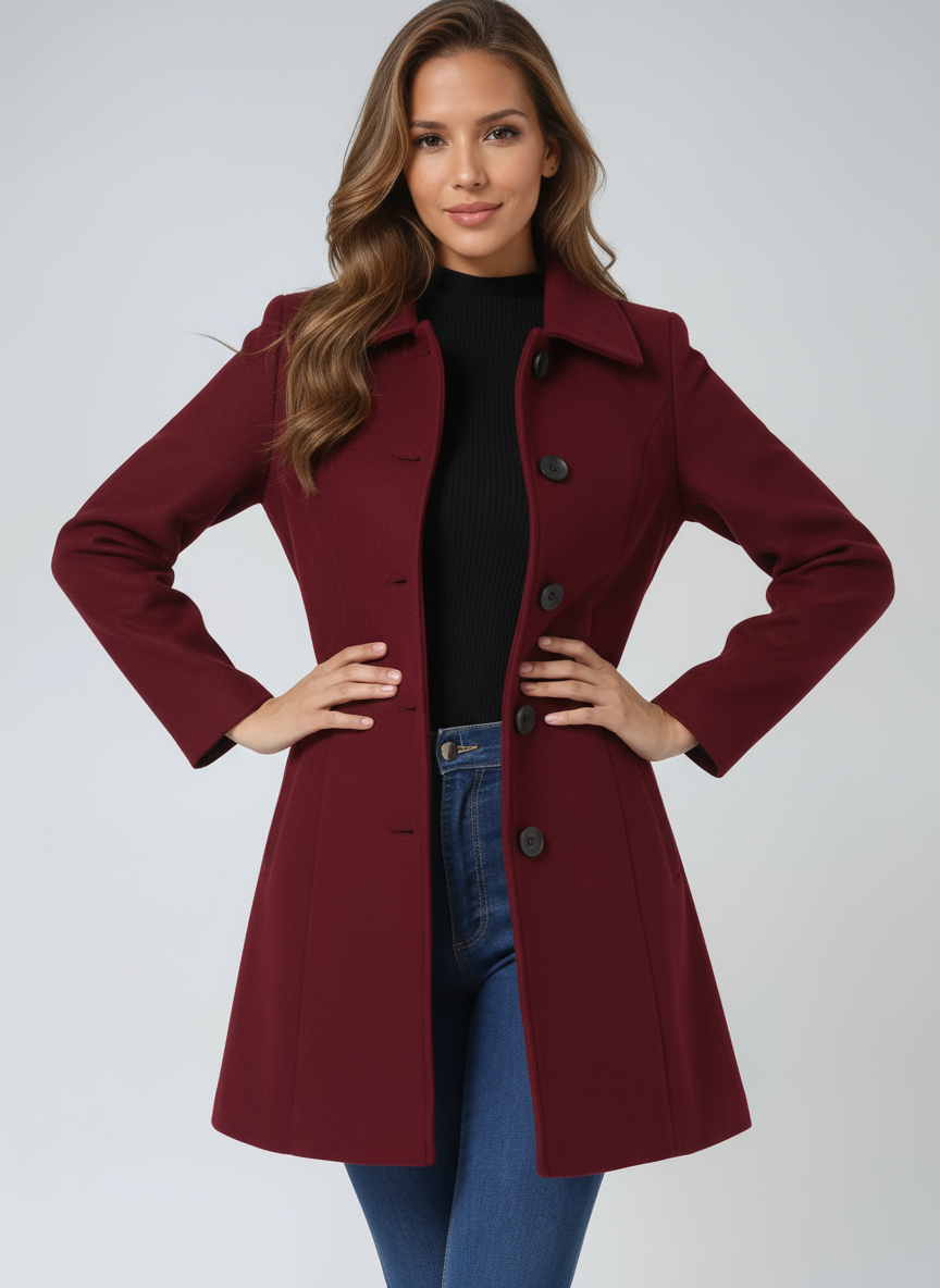 Manteau d'hiver femme à simple boutonnage et col classique – Élise - Rouge foncé