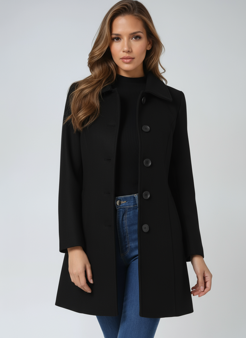 Manteau d'hiver femme à simple boutonnage et col classique – Élise - Noir