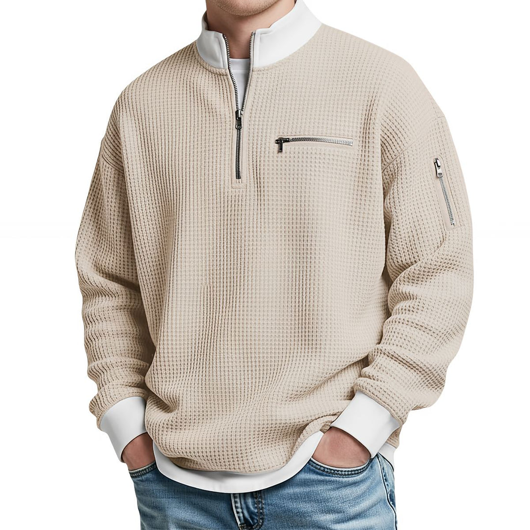 Pull homme en maille gaufrée à col camionneur zippé – Thibault - Beige