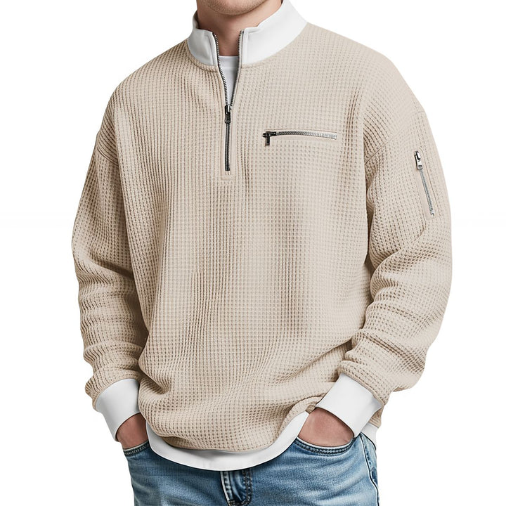 Pull homme en maille gaufrée à col camionneur zippé – Thibault - Beige