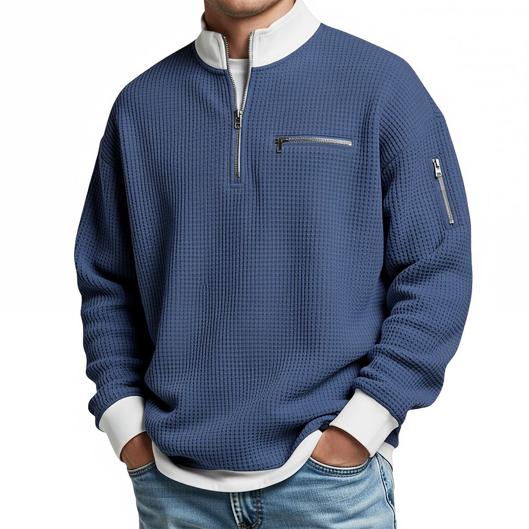 Pull homme en maille gaufrée à col camionneur zippé – Thibault - Bleu roi