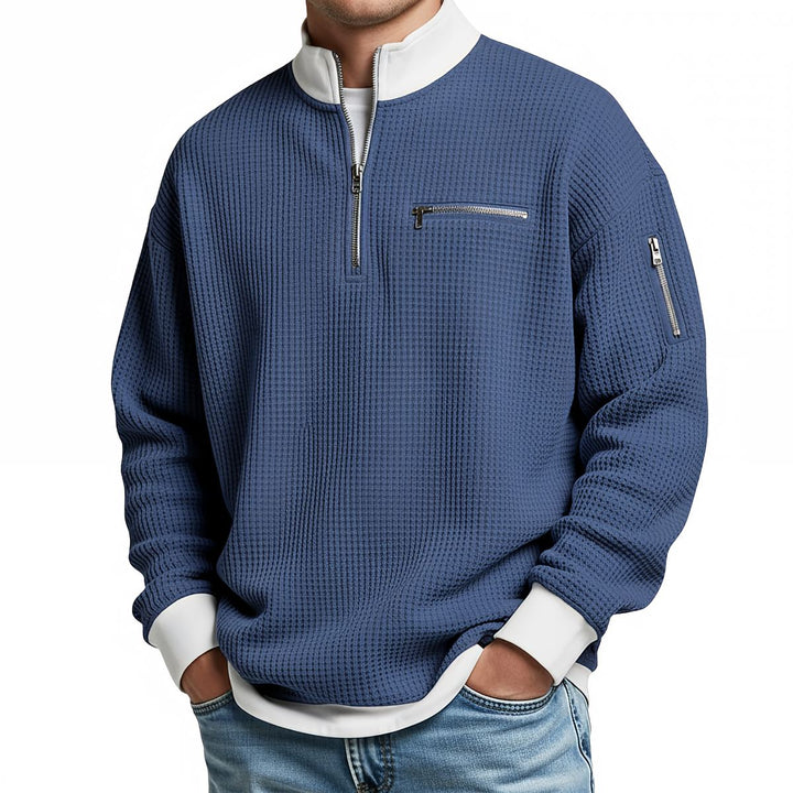 Pull homme en maille gaufrée à col camionneur zippé – Thibault - Bleu roi