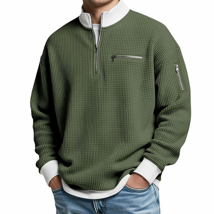 Pull homme en maille gaufrée à col camionneur zippé – Thibault - Vert militaire