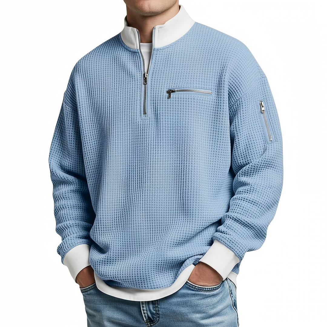 Pull homme en maille gaufrée à col camionneur zippé – Thibault - Bleu clair