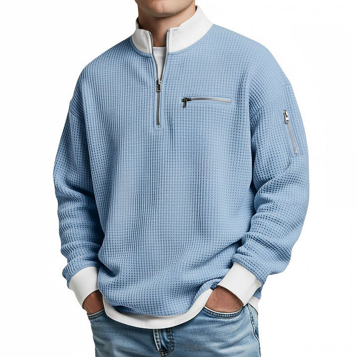 Pull homme en maille gaufrée à col camionneur zippé – Thibault - Bleu clair