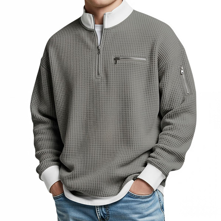 Pull homme en maille gaufrée à col camionneur zippé – Thibault - Gris clair