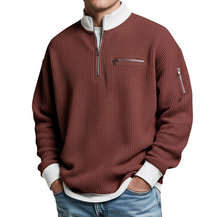 Pull homme en maille gaufrée à col camionneur zippé – Thibault - Rouge