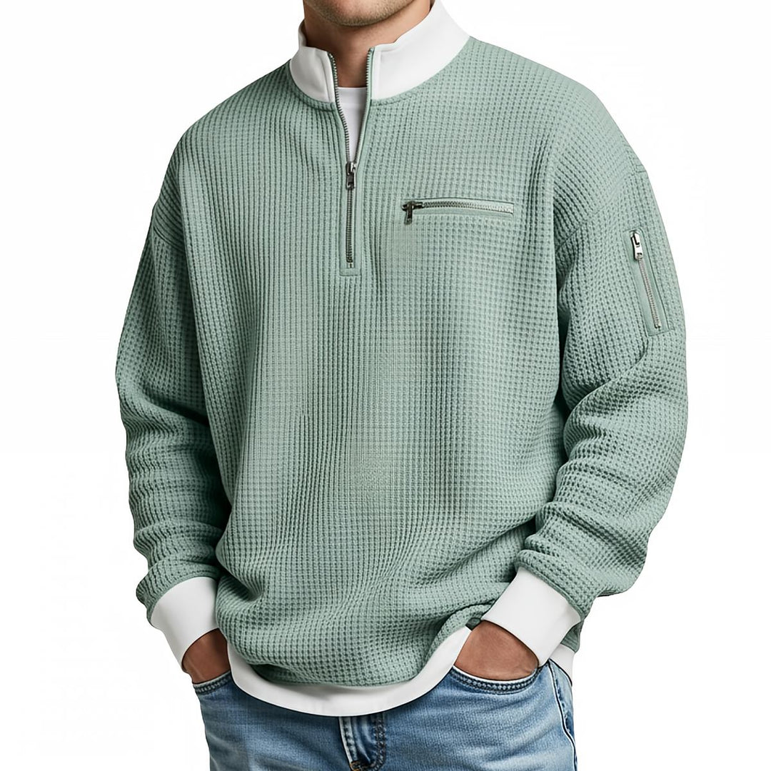 Pull homme en maille gaufrée à col camionneur zippé – Thibault - Vert clair