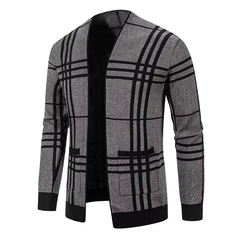 Cardigan homme en maille à carreaux ouvert à poches – Gaspard – Gris
