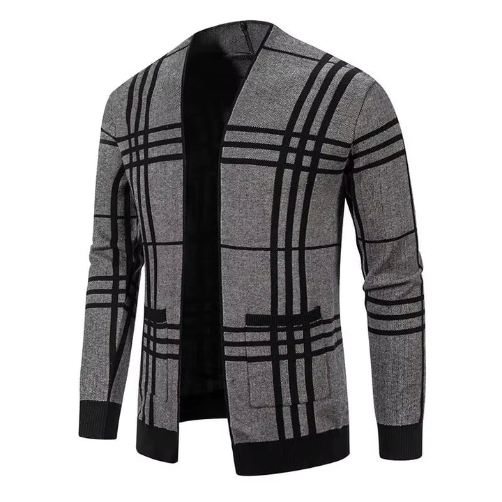 Cardigan homme en maille à carreaux ouvert à poches – Gaspard – Gris