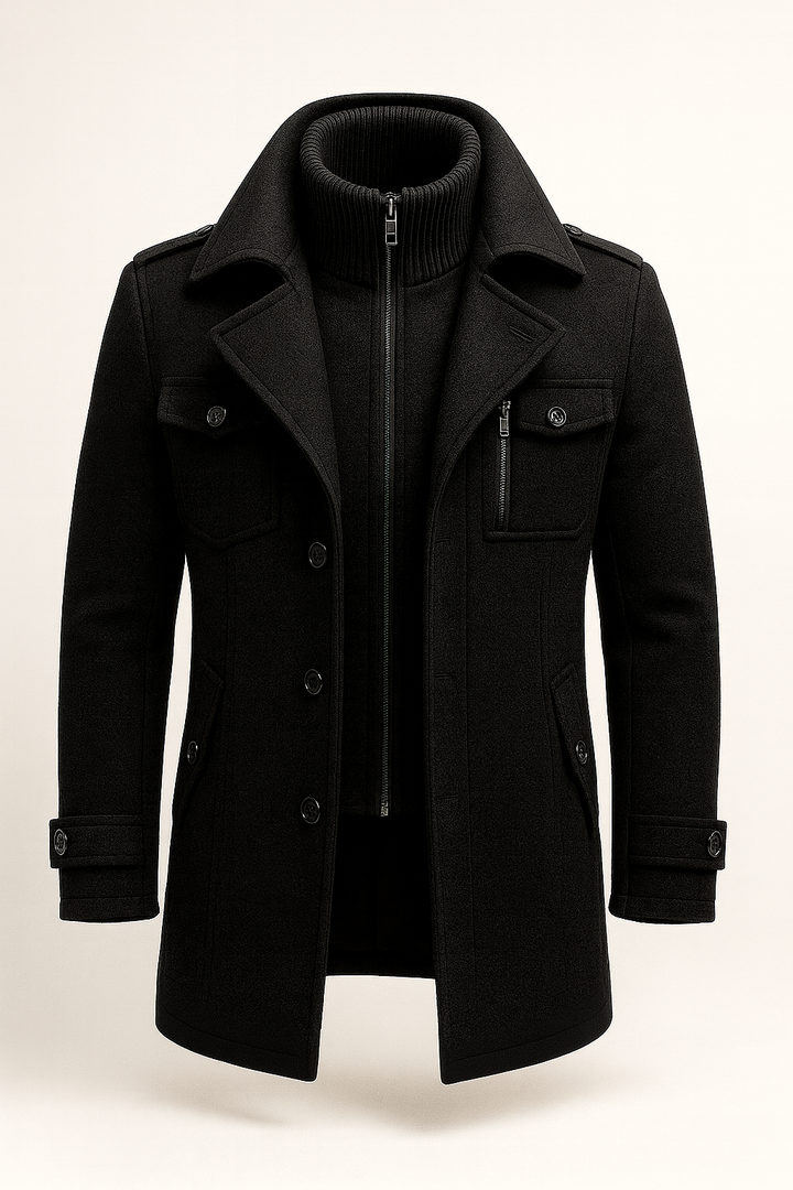 Manteau d'hiver homme long en laine mélangée à couche intérieure zippée – Constantin – Noir