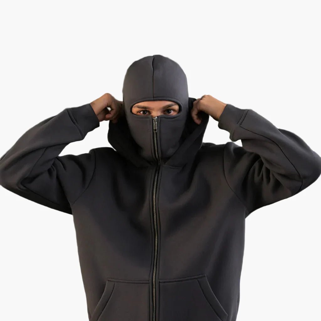 Sweat zippé à capuche unisexe urbain à cache-visage intégré – Matteo – Gris foncé