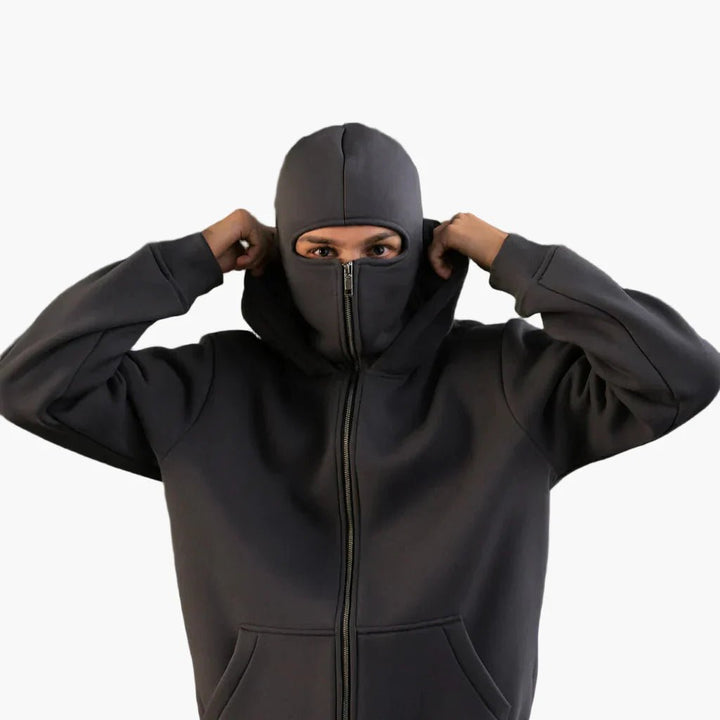 Sweat zippé à capuche unisexe urbain à cache-visage intégré – Matteo – Gris foncé