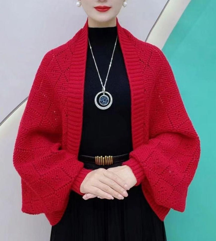 Gilet châle femme en maille ajourée à manches longues – Colette - Rouge
