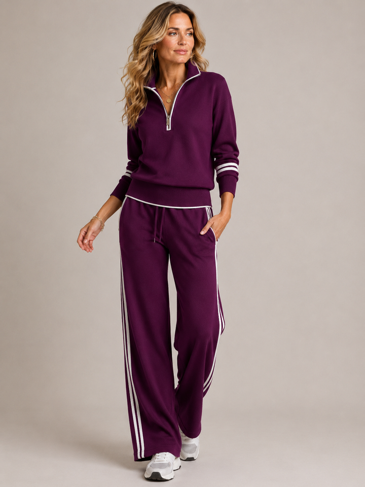Ensemble femme pull col zippé et pantalon large à bandes – Adèle - Violet