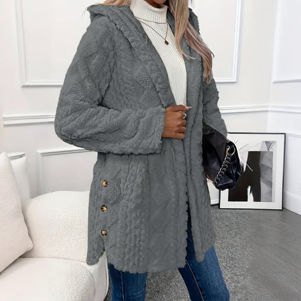 Veste femme peluche à capuche boutonnée motif torsadé – Rose - Gris