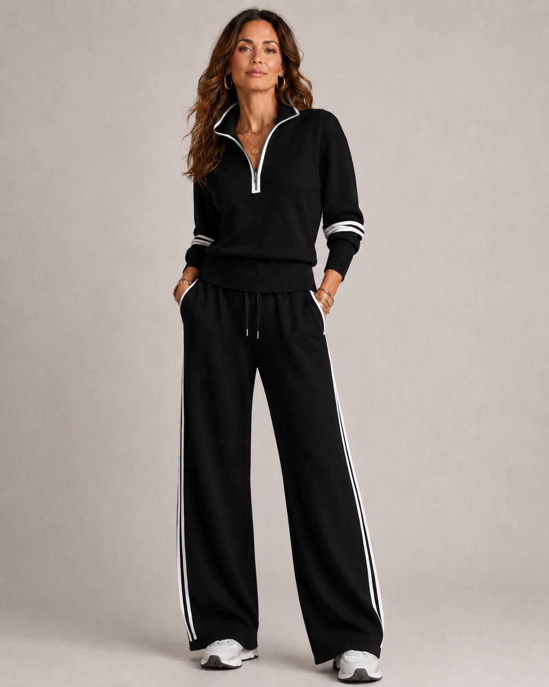 Ensemble femme pull col zippé et pantalon large à bandes – Adèle - Noir