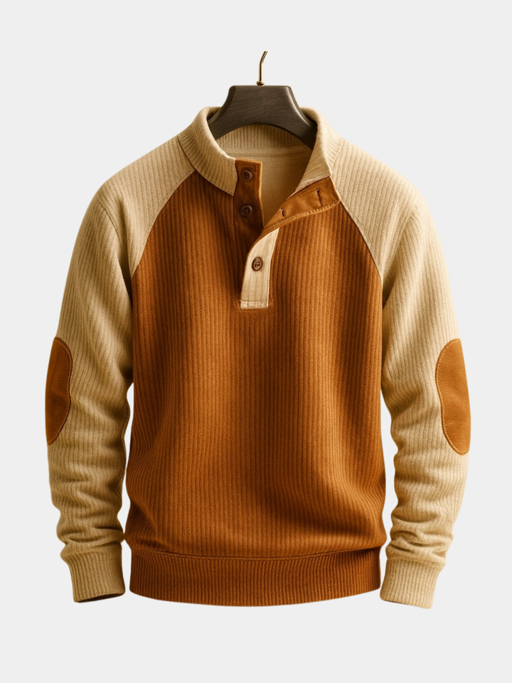 Pull homme en maille torsadée à col boutonné et coudières – Elliot – vue 1