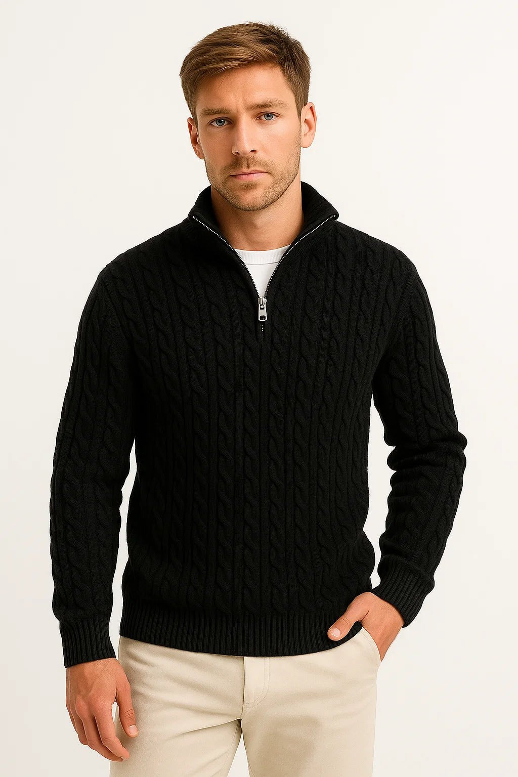 Pull homme classique en maille torsadée à quart de zip – Henrik – Noir