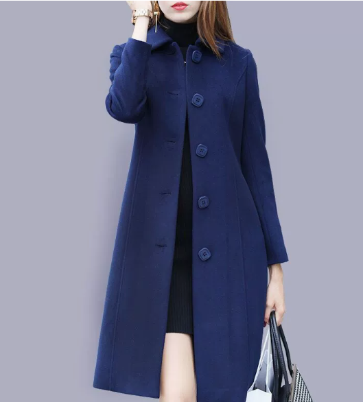 Manteau d'hiver femme à simple boutonnage et col classique – Élise - Bleu foncé