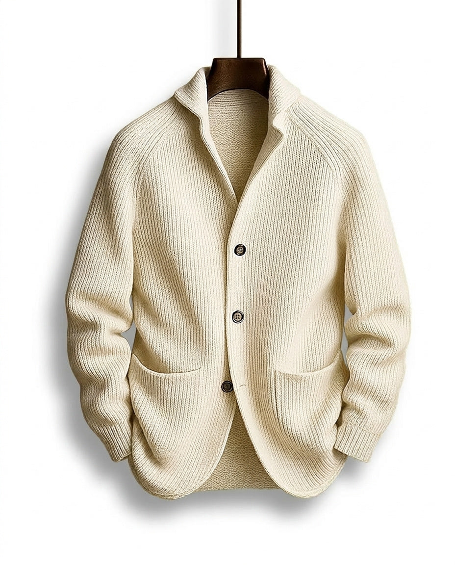 Cardigan homme en grosse maille à col châle et poches plaquées – Louis - Beige