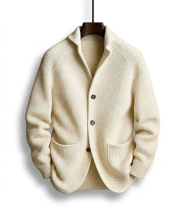 Cardigan homme en grosse maille à col châle et poches plaquées – Louis - Beige